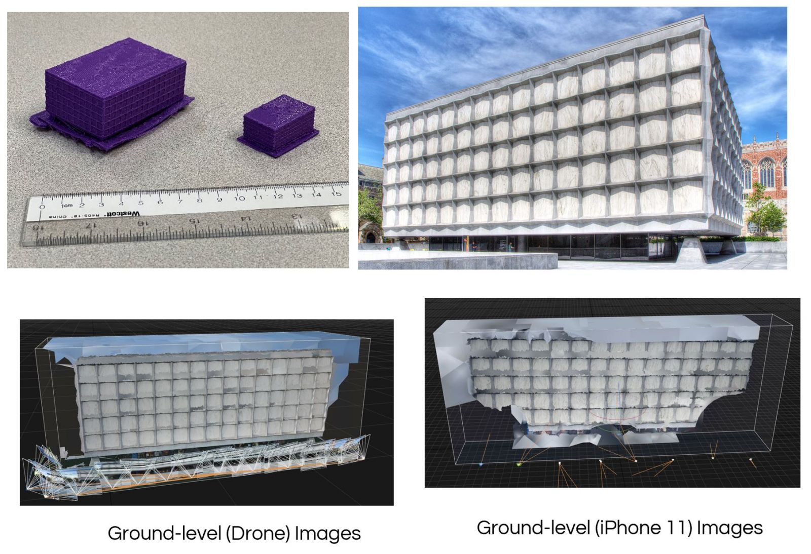 3D printed model (left) of Yale Beinecke Rare Book Library (right).